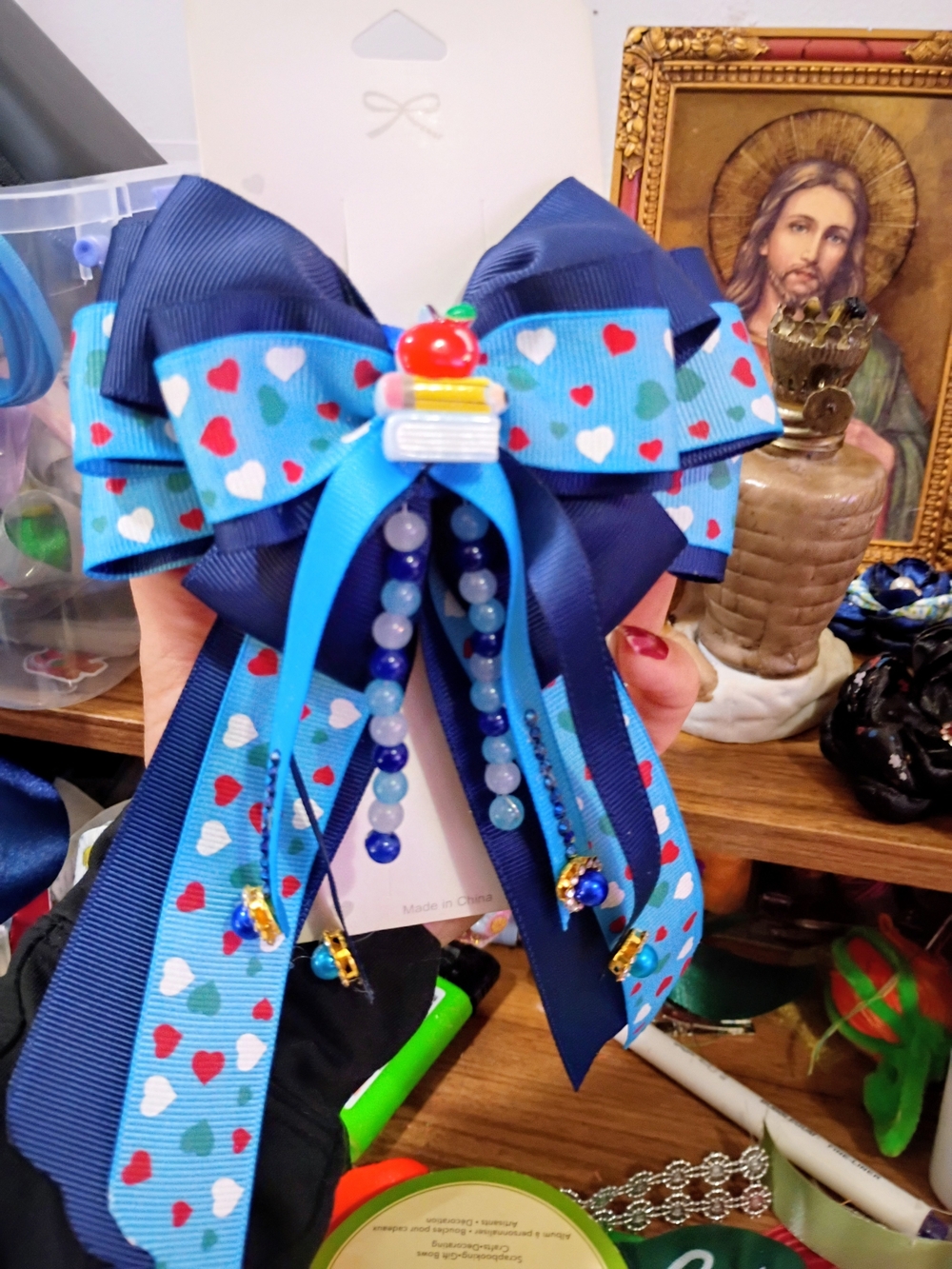 Kids Blue Heart Ribbon Hair Bow with Beaded Charms